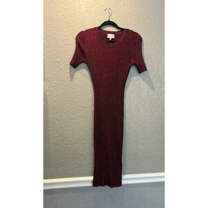 Milly Metallic Ribbed Knit Midi Dress Short Sleeve Burgundy Red